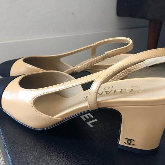 Chanel Beige/Black Goatskin Cap Toe Slingback Pumps - Picture 3 of 7
